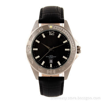 Brand Stainless Steel Watch with Date Movement, Genuine Leather Band